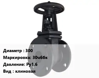 Задвижка чугунная канализационная 300 30ч6бк Ру1.6 клиновая